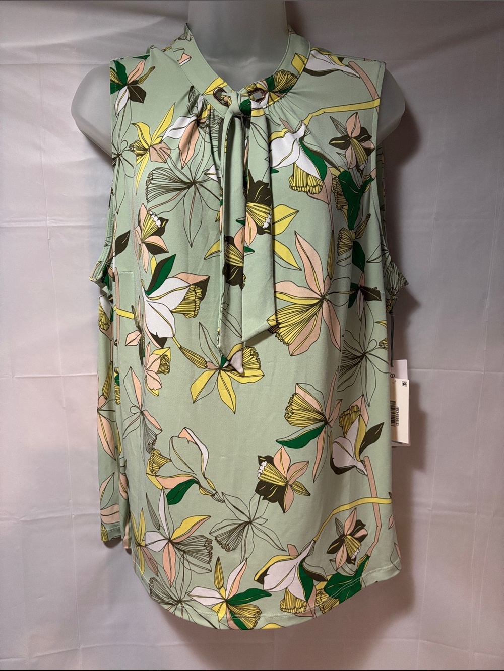 Liz Claiborne Sage Green Floral Cold-Shoulder Tie-Neck Dress